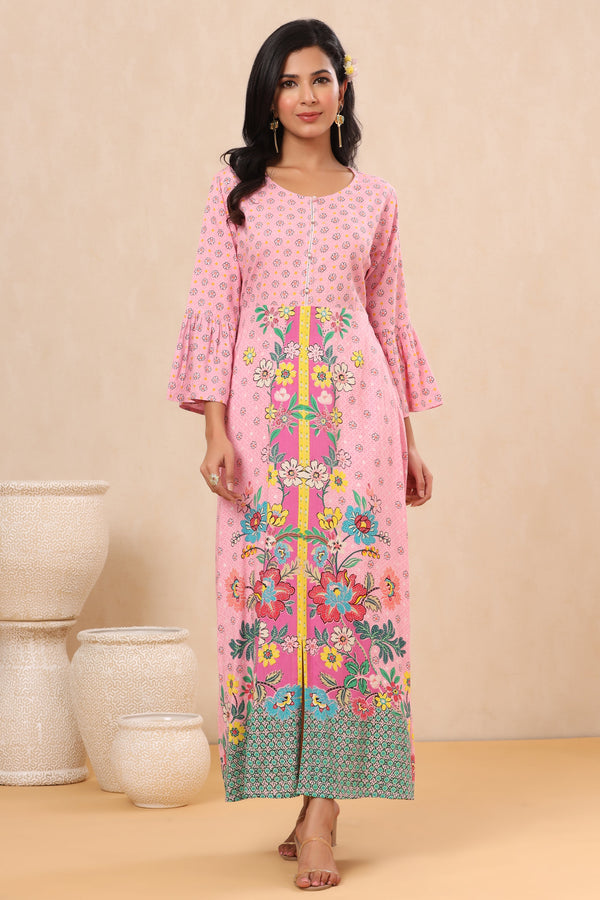 Jashvi Pink Floral Printed Rayon Kurta With Buttons Closure At Back