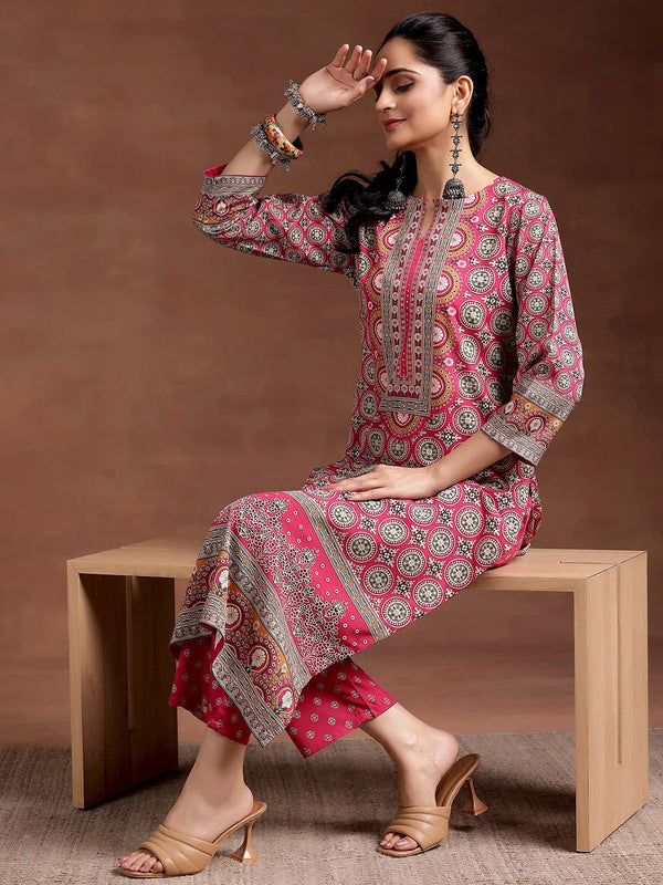 Pink Printed Crepe Straight Kurta