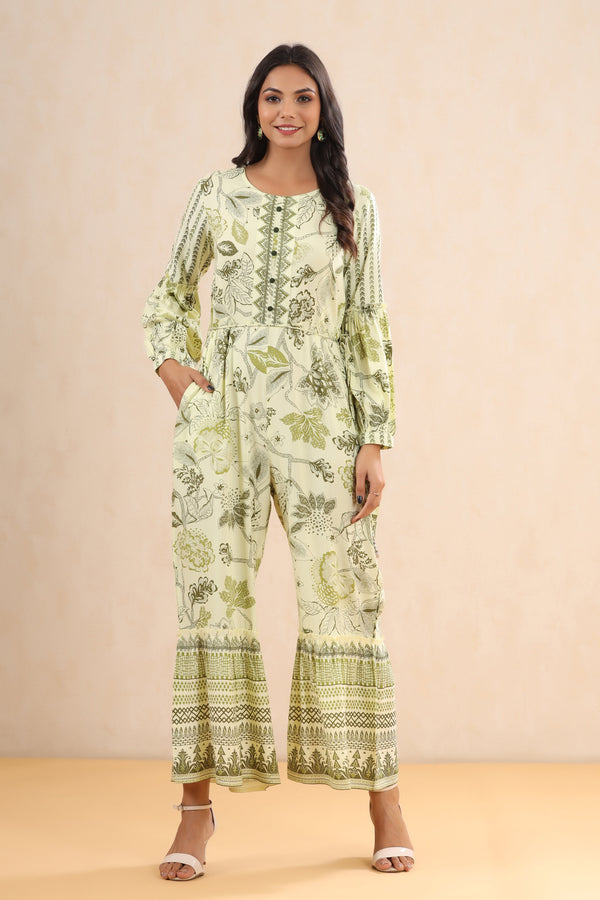 Jashvi Light Olive Floral Printed Rayon Jumpsuit.