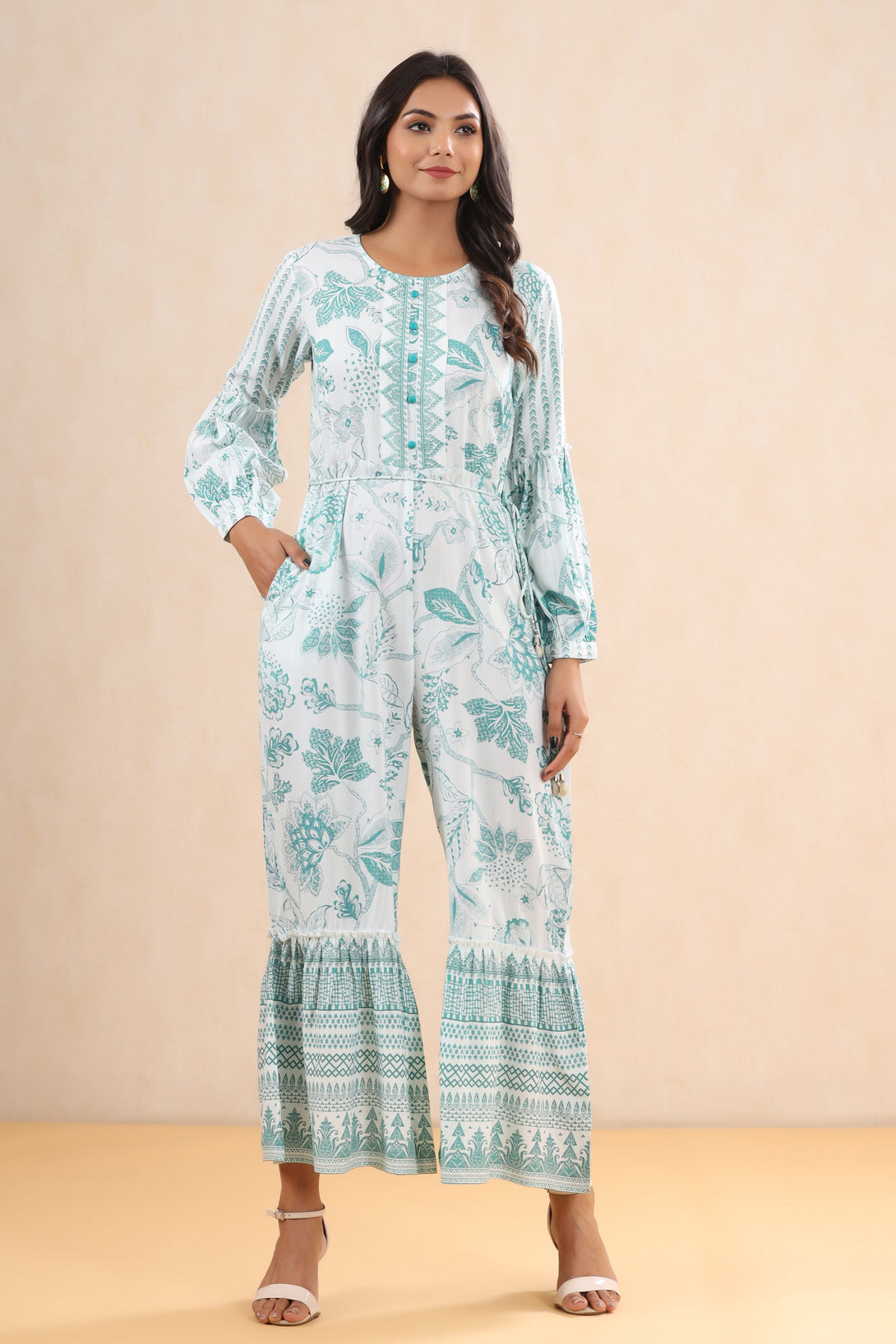 Jashvi Teal Floral Printed Rayon Flared Jumpsuit. - Jashvi Fashion