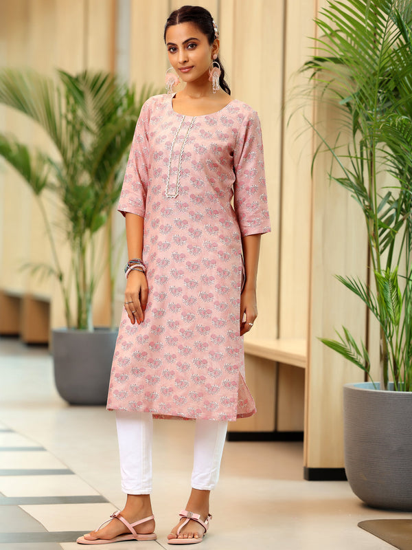 Pink Printed Cotton Straight Kurta