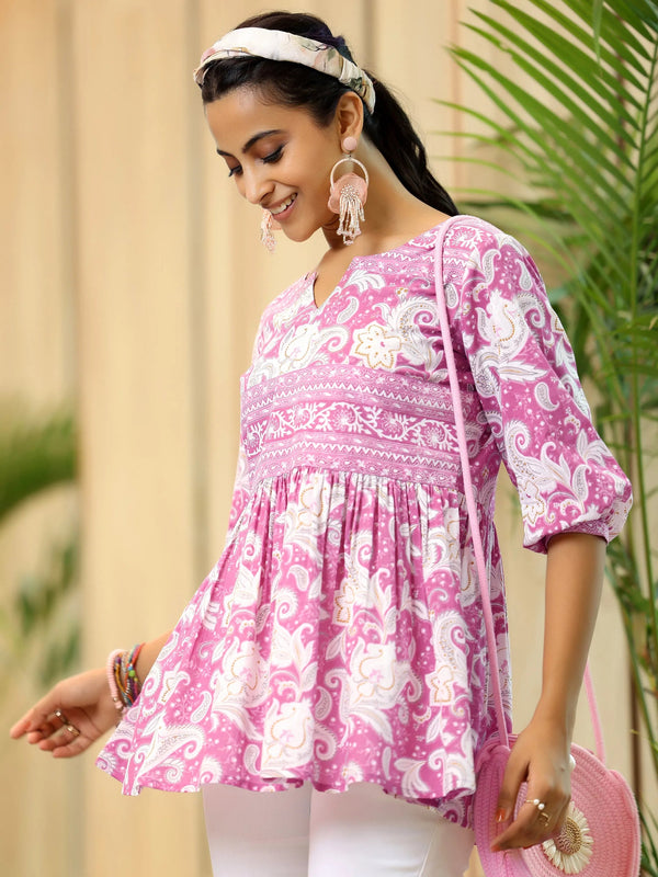 Pink Printed Cotton Anarkali Kurti