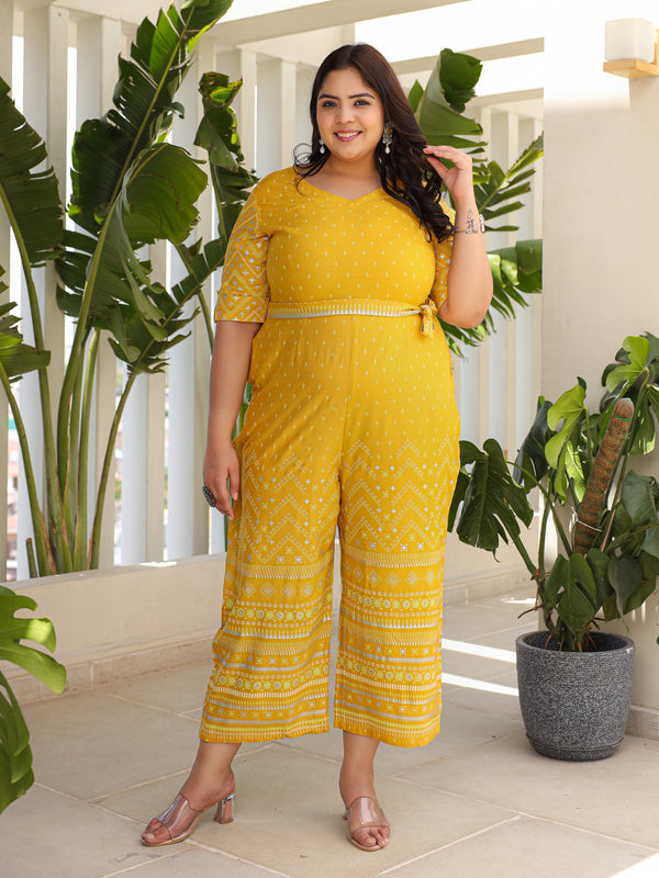 Jashvi Mustard Ethnic Motif Printed Rayon Flex Jumpsuit.