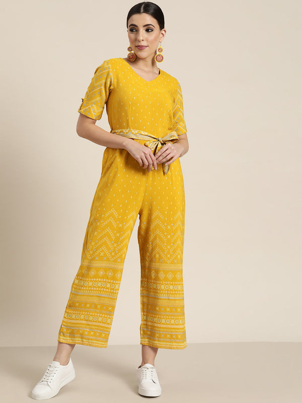 Women's  Mustard Rayon Flex Printed Straight Jumpsuit - Juniper