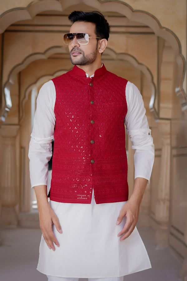 Men's Maroon Heavy Embroidery Jacket - Hatheli