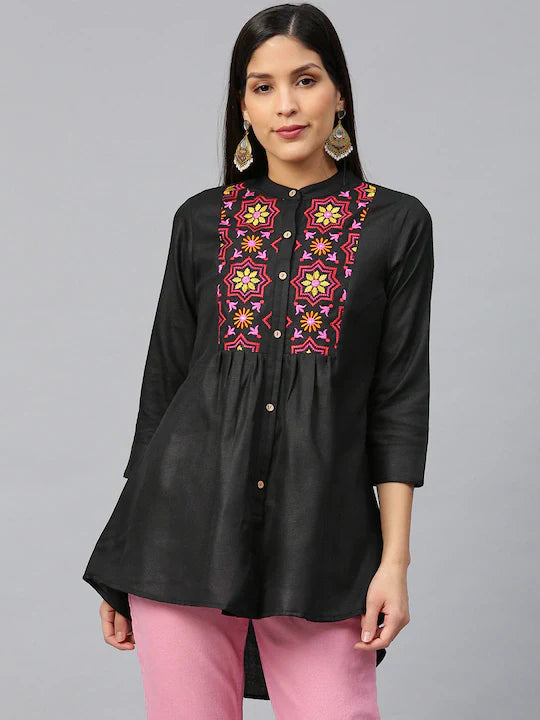 Jashvi Black & Pink Yoke Design Pure Cotton High-Low Tunic