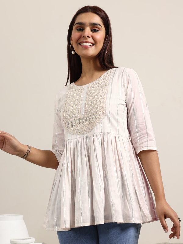 Off White Printed Cotton Anarkali Kurti