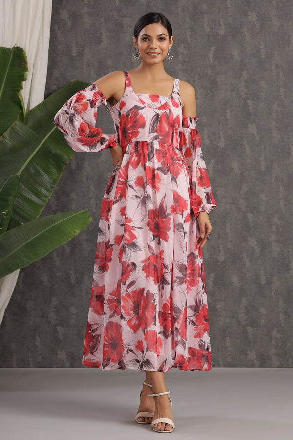 Jashvi Light Pink Floral Printed Chiffon Maxi Dress With Adjustable Straps & Cold Shoulder