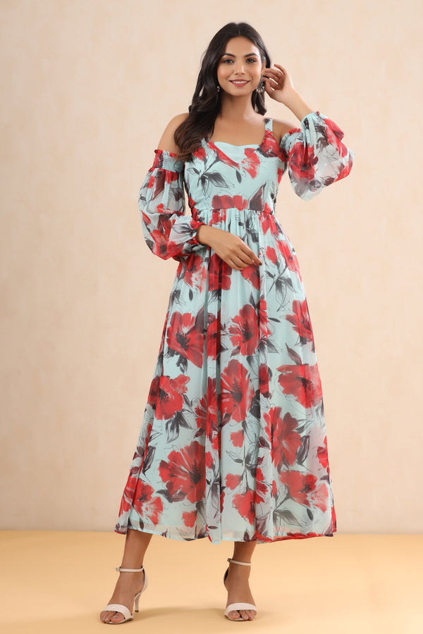 Jashvi Mint Floral Printed Chiffon Maxi Dress With Adjustable Straps & Cold Shoulder