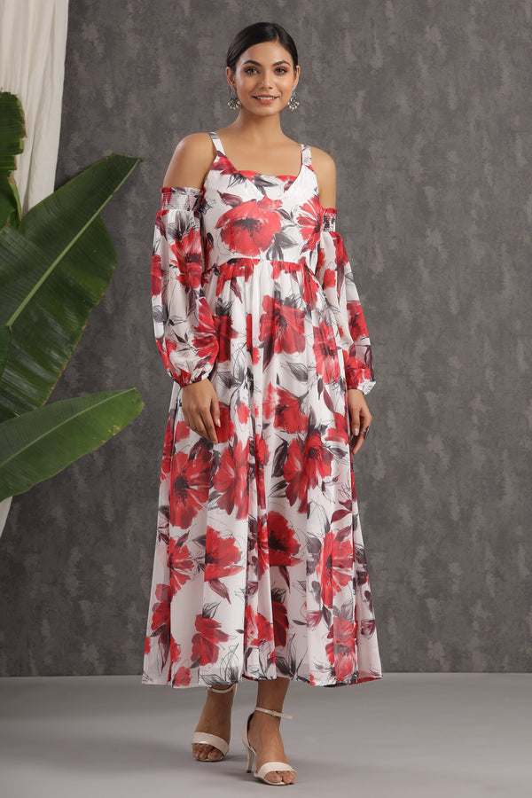 Jashvi White Floral Printed Chiffon Maxi Dress With Adjustable Straps & Cold Shoulder