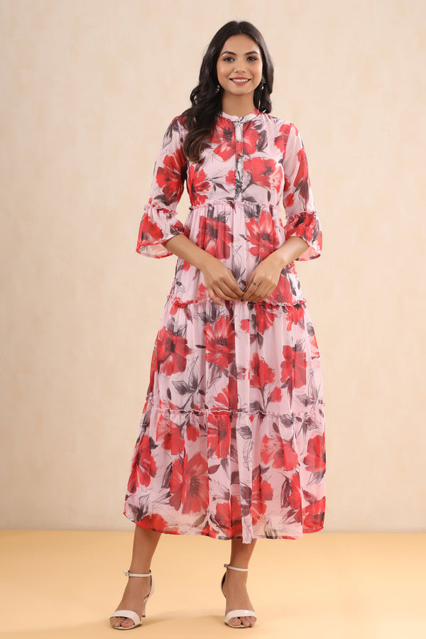 Jashvi Pink Floral Printed Chiffon Maxi Dress With Buttons & Beads