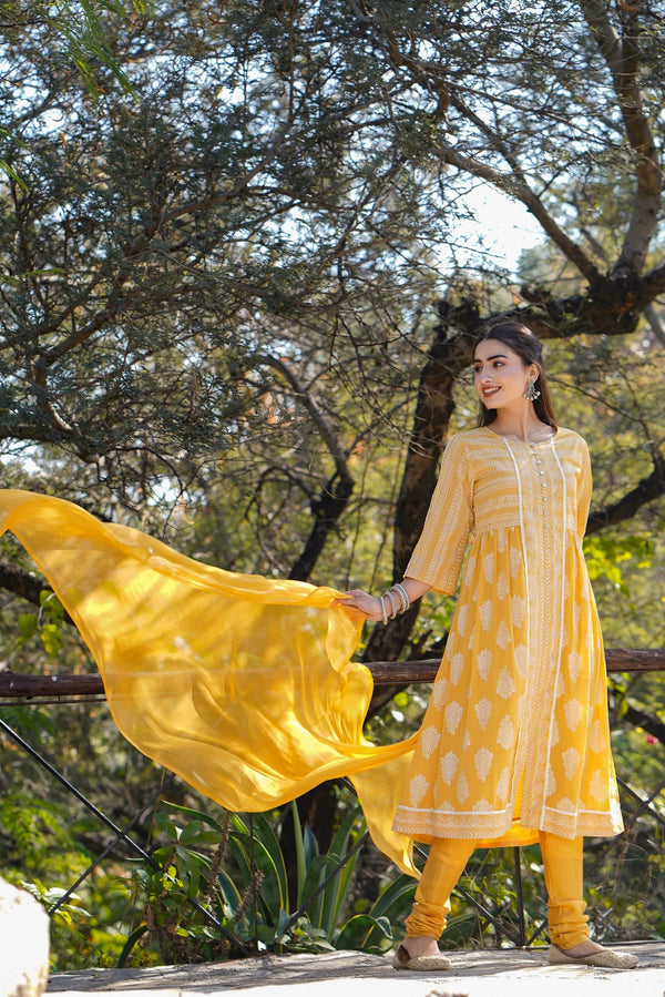 Jashvi Yellow Ethnic Motif Printed Georgette Kurta Churidar & Chiffon Dupatta Set With Lace Work