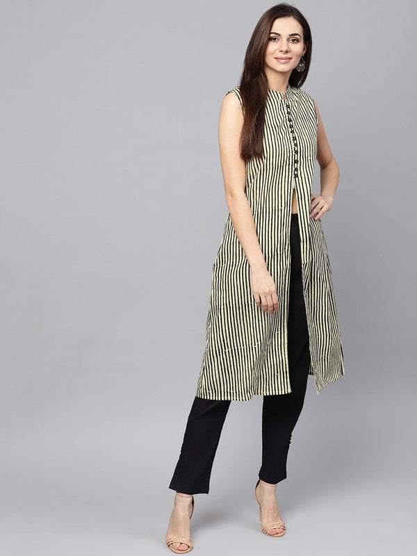 Women's  Cream-Coloured & Black Striped A-Line Kurta - AKS