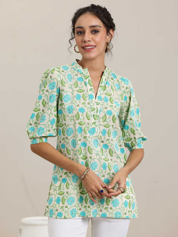 Off White Printed Cotton Straight Kurti