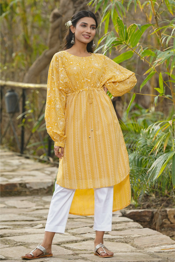 Jashvi Yellow Floral Printed Georgette High- Low Tunic With Shantoon Inner