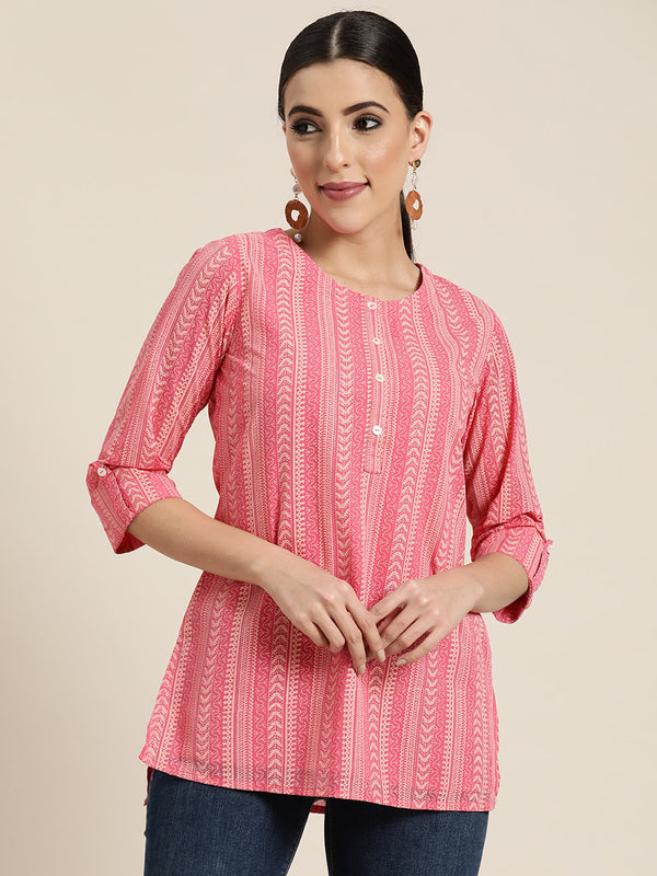 Jashvi Pink Ethnic Motif Printed Georgette High-Low Tunic.