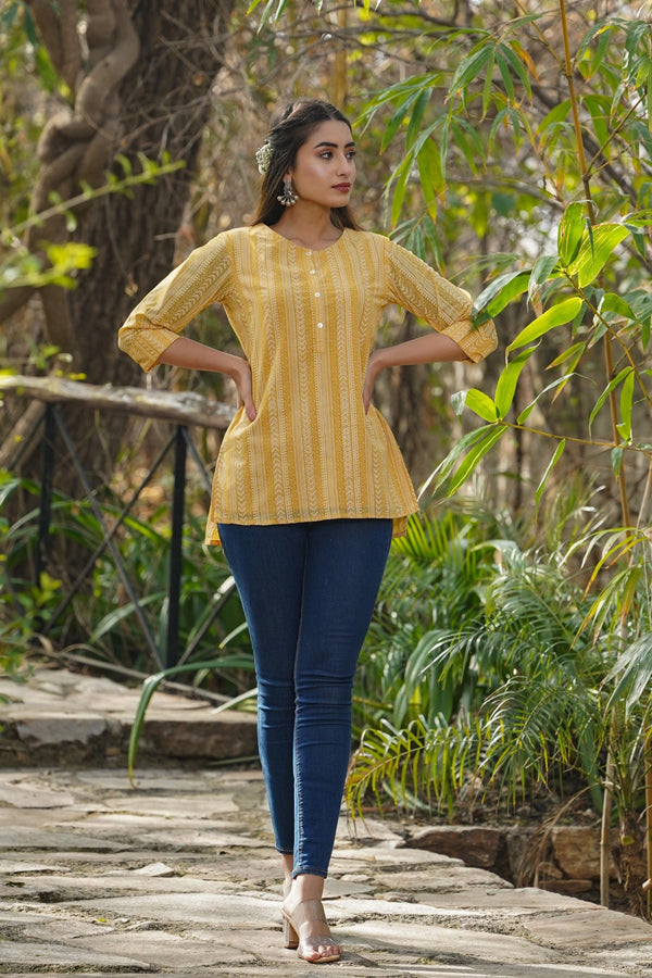 Jashvi Yellow Ethnic Motif Printed Georgette High-Low Tunic.