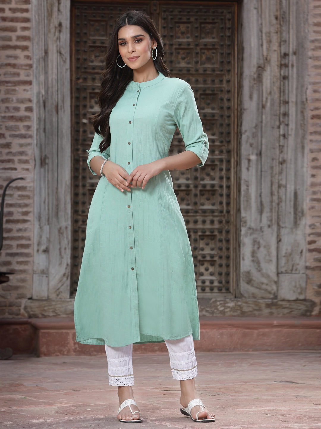 Women's Green Cotton Flex Solid A-Line Kurta - Juniper