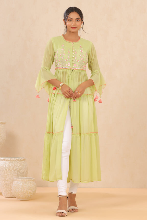 Jashvi Green Floral Printed Chiffon Tiered Kurta With Thread Work Embroidery