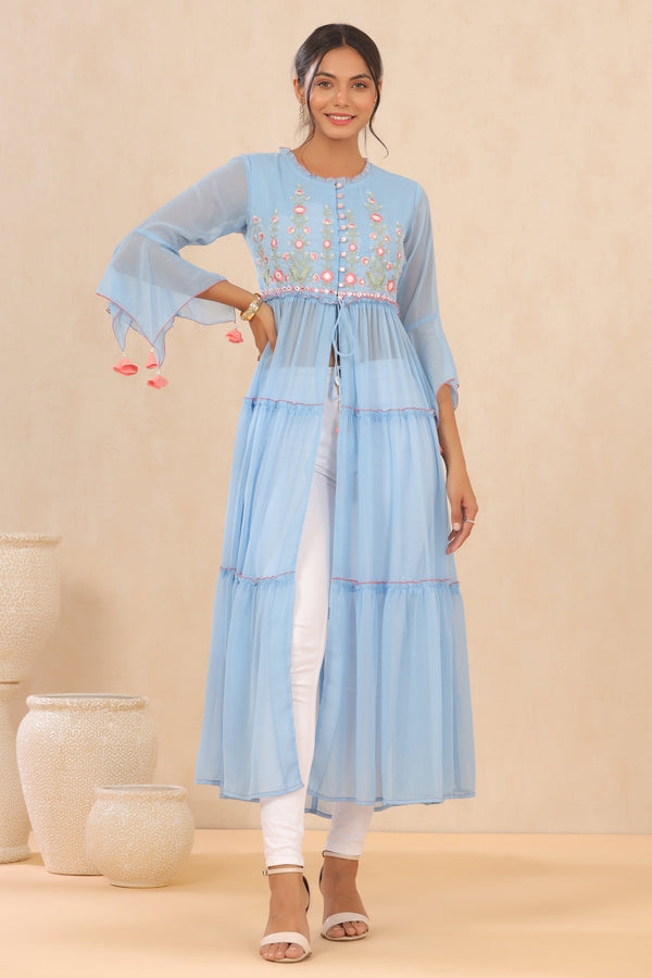 Jashvi Powder Blue Floral Printed Chiffon Tiered Kurta With Thread Work Embroidery