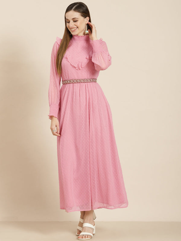 Women's  Pink Chiffon Woven Design Flared Dress - Juniper