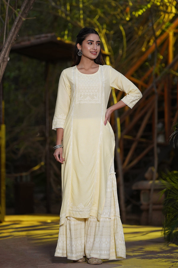 Jashvi Yellow Ethnic Motif Printed Rayon Kurta & Sharara Set with Gota & Lace Work