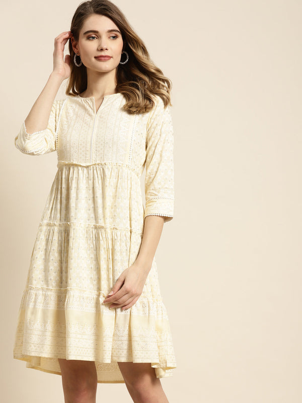 Jashvi Light Yellow Rayon Printed Tiered Dress With Tie-Up Belt