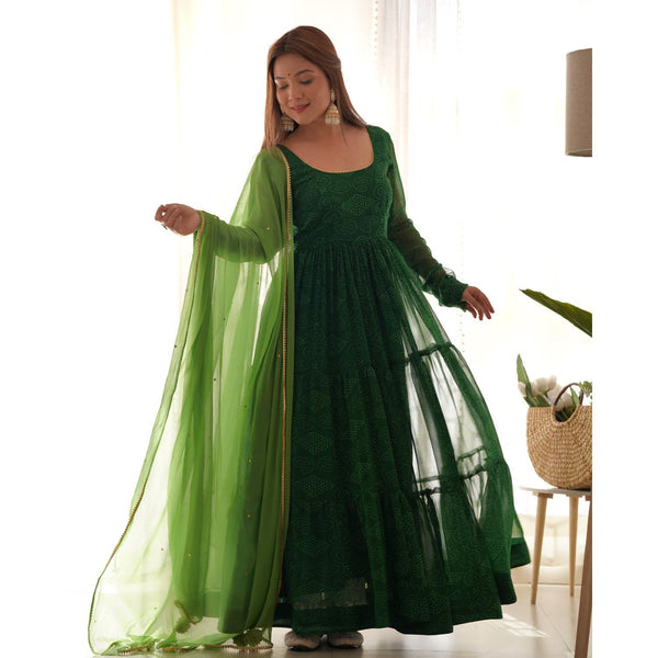 Women's Green Bandhani Tiered Anarkali Kurta With Dupatta - Rangpur