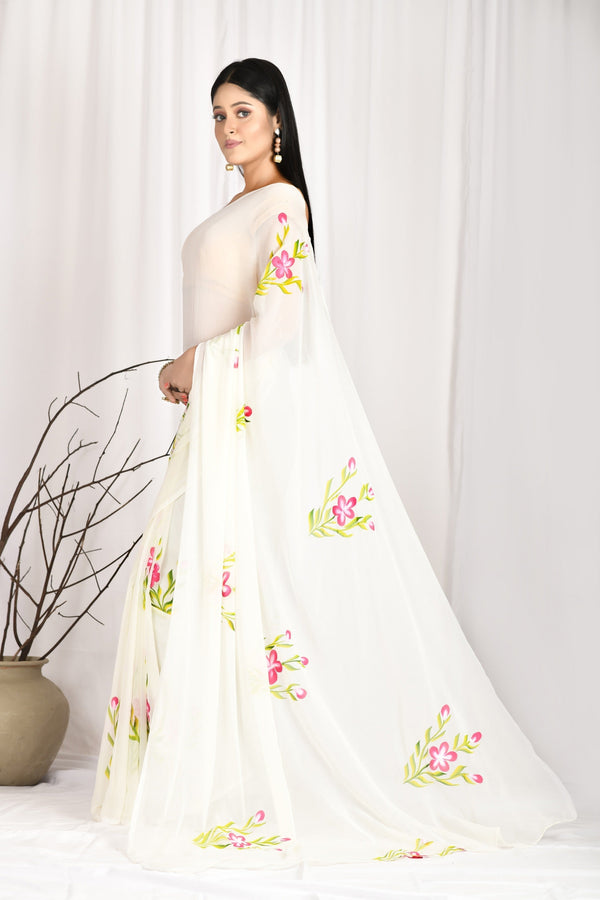 Women's Hand Painted Off White Saree With All-Over Vegetable Dyes With Blouse - Saras The Label