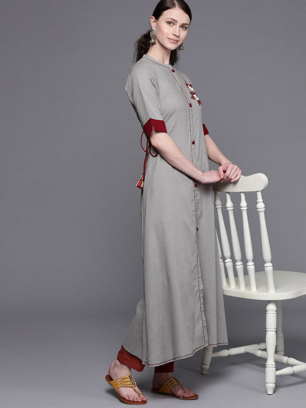 Women's Grey embroidered A-line kurta - Aks