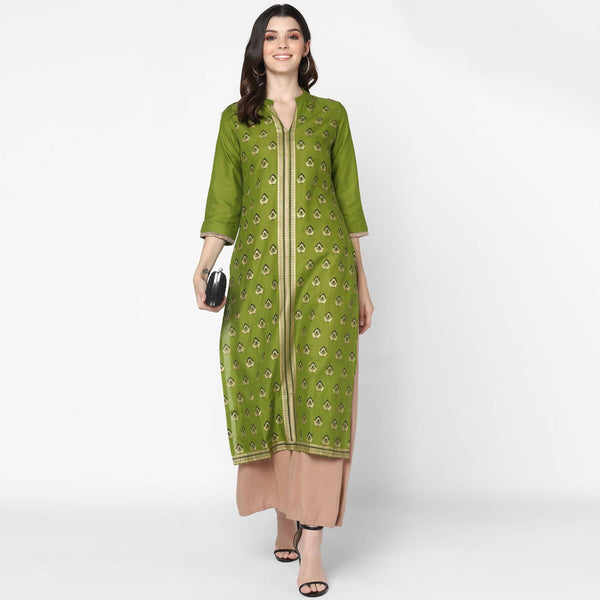 Women's Olive Green 100% Cotton Hand Block Print Straight Kurta Only - Cheera