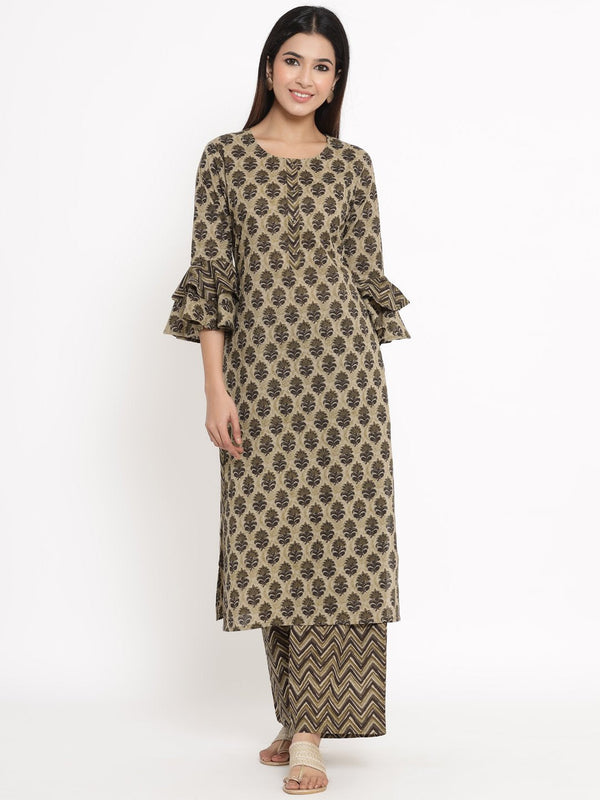 Women's Printed Cotton Fabric Kurta & Palazzo Set Brown Color - Kipek