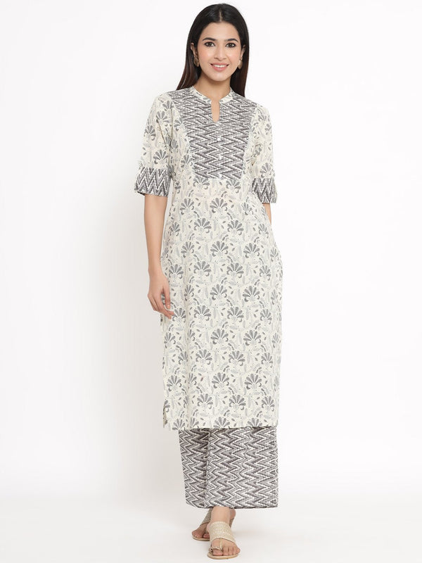 Women's Printed Cotton Fabric Kurta & Palazzo Set Cream Color - Kipek