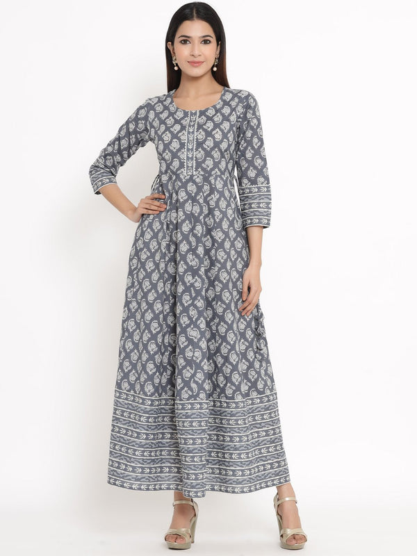 Women's Printed Cotton Fabric Anarkali Grey Color - Kipek