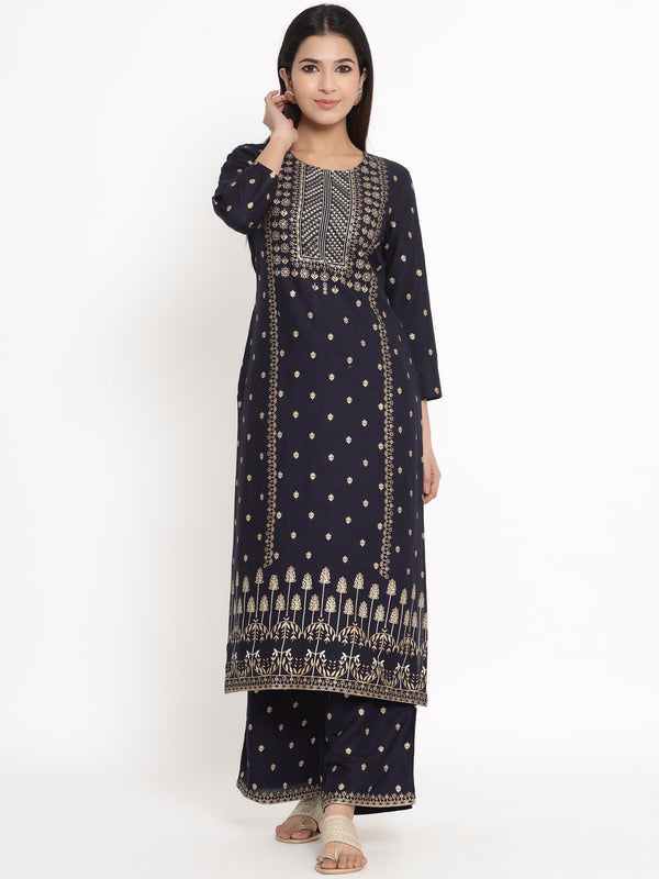 Women's Navy Blue Printed Kurta & Palazzo Set by Kipek- (2pcs set)