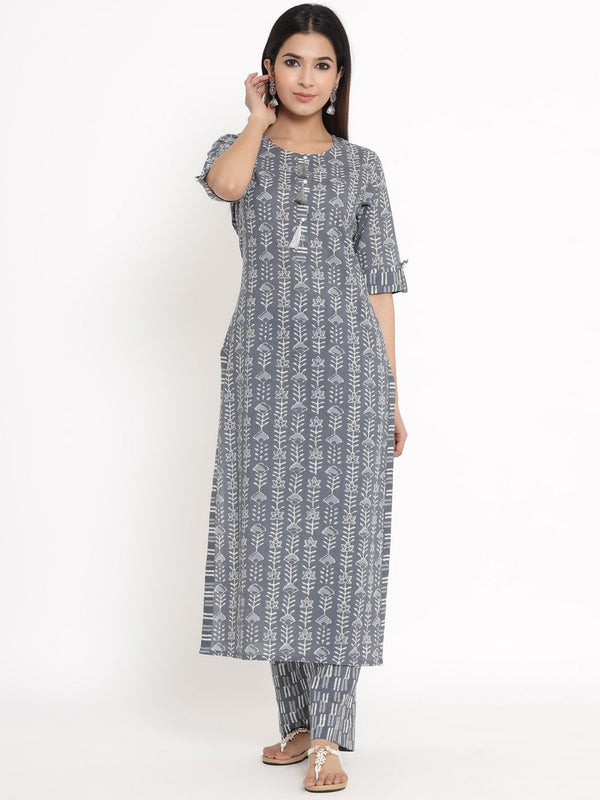 Women's Printed Cotton Fabric Kurta & Palazzo Set Grey Color - Kipek