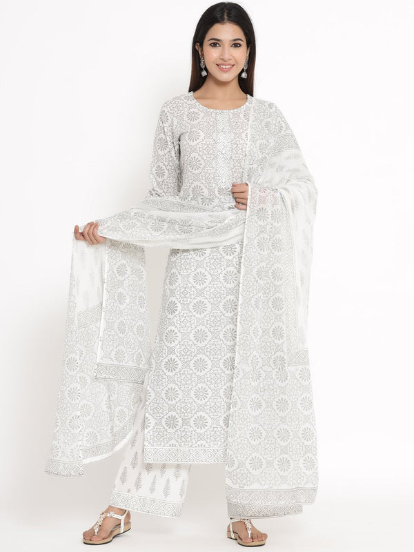 Women's White Printed Cotton Kurta, Palazzo & Dupatta Set by Kipek (3 Pc Set)