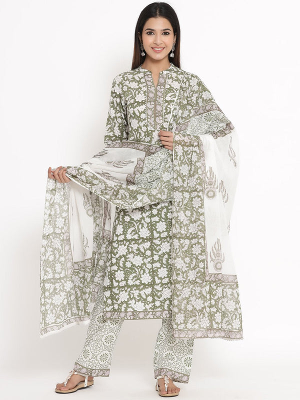 Women's Printed Green Cotton Kurta and Palazzo set by Kipek- (3pcs set)