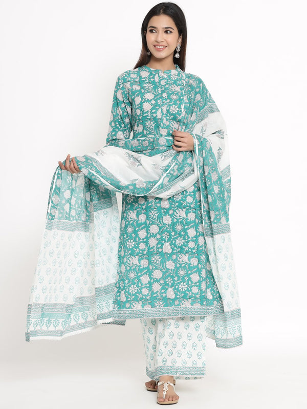 Women's Sea Green Cotton Kurta With Palazzo & Dupatta by Kipek (3pcs Set)