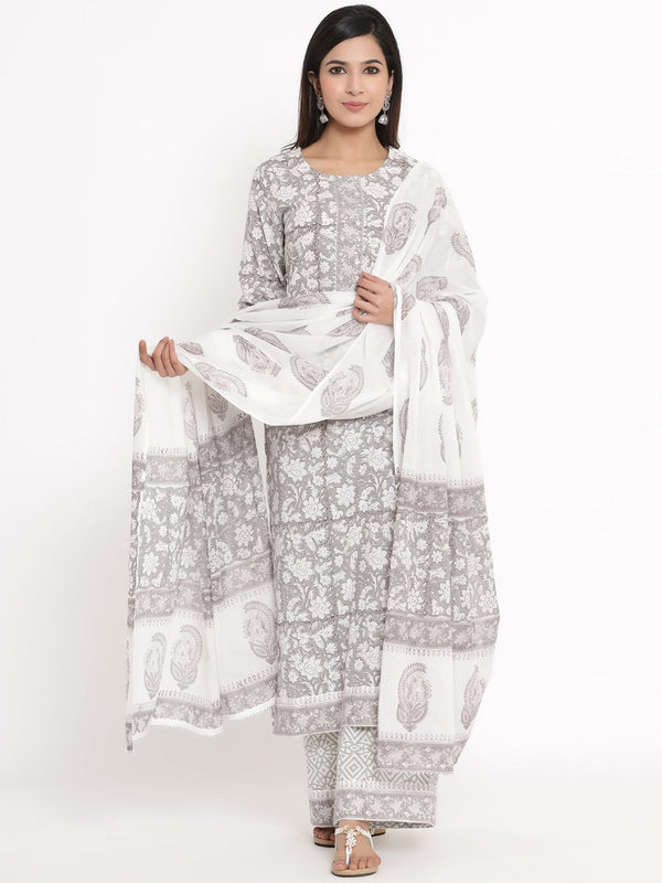 Women's Grey Printed Cotton Kurta with Palazzo & Dupatta by Kipek (3 Pc Set)