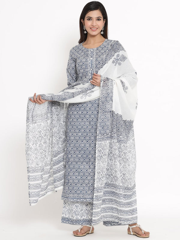 Women's Printed Cotton Fabric Kurta, Palazzo & Dupatta Set Blue Color - Kipek