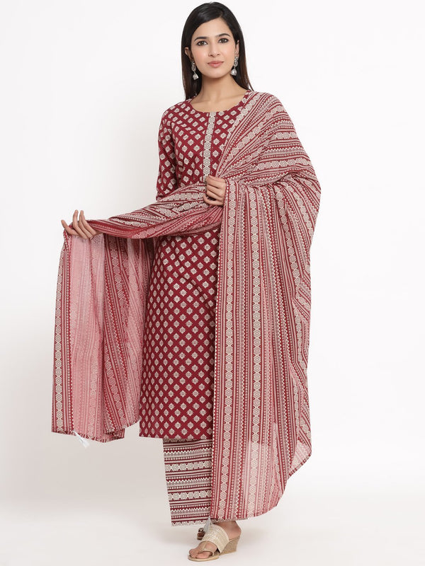 Women's Maroon Printed Kurta, Palazzo & Dupatta Set by Kipek- (3pcs set)