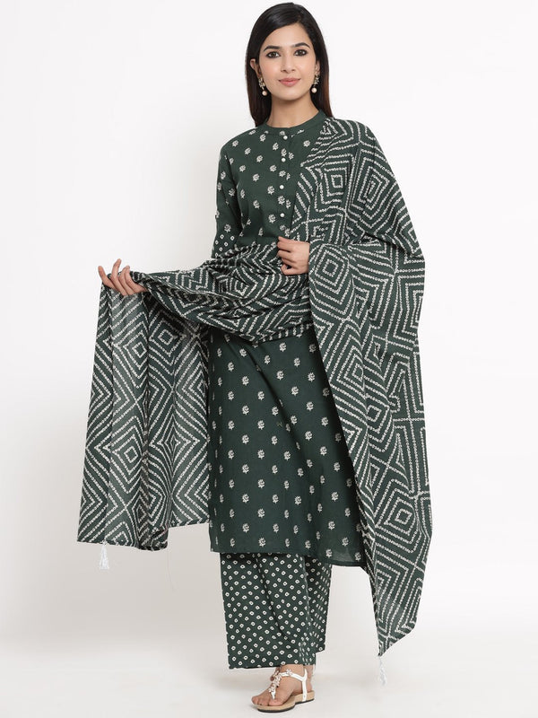 Women's Dark Green Cotton Kurta With Palazzo & Dupatta by Kipek (3pcs Set)