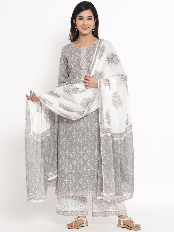 Women's Grey Cotton Kurta With Palazzo & Dupatta by Kipek (3pcs Set)