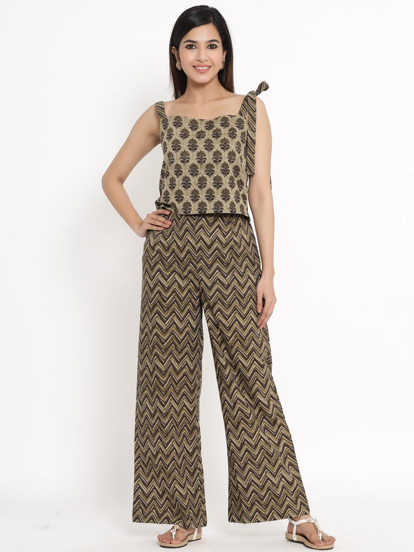 Women's Brown Printed Crop Top & Palazzo by Kipek- (2pcs set)