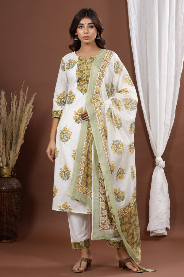 Women's White Printed Kurta Set - Yufta