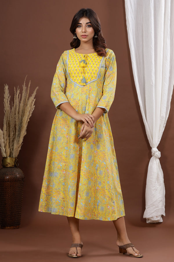 Women's Yellow A-Line Printed Kurta - Yufta