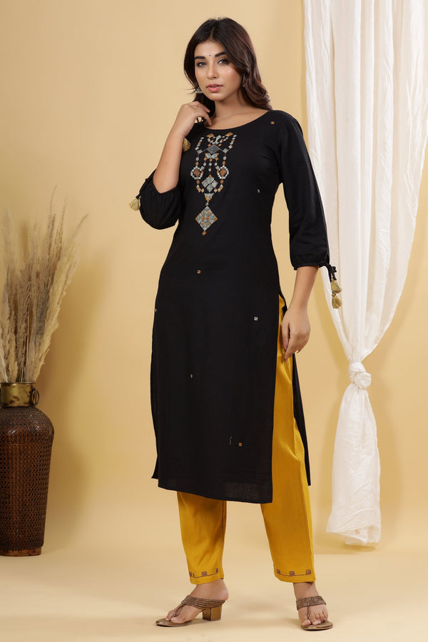 Women's Black Solid Embroidered Kurta Set - Yufta