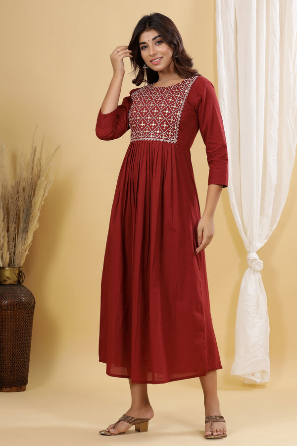 Women's Maroon Solid Embroidered Dress - Yufta