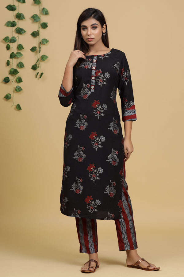 Women's Black Printed Kurta Set - Yufta